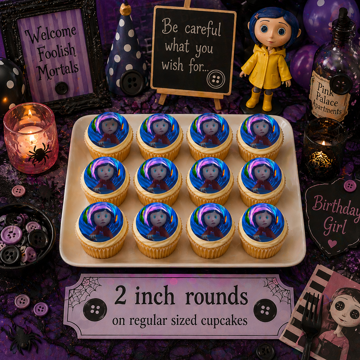 Set of 12 Coraline edible images rounds for desserts, pre cut, many sizes available