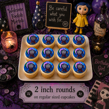 Set of 12 Coraline edible images rounds for desserts, pre cut, many sizes available