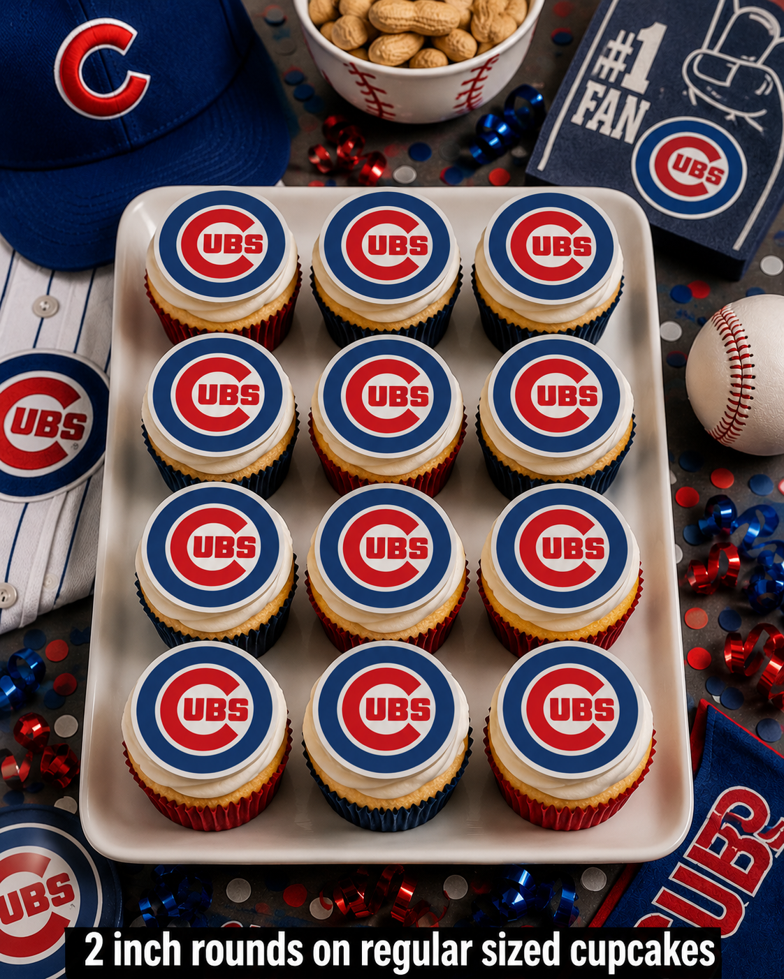 Set of 12 Chicago Cubs edible images rounds for desserts, pre cut, many sizes available