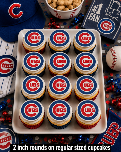 Set of 12 Chicago Cubs edible images rounds for desserts, pre cut, many sizes available