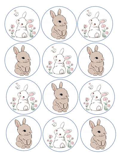 Set of 12 edible image rounds, cute easter bunnies , pre cut, many sizes available