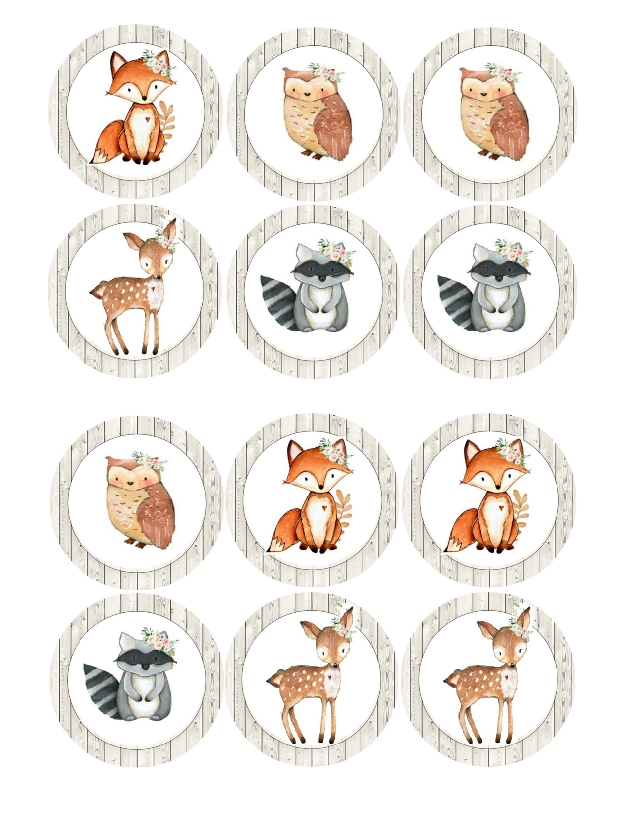 Set of 12 "cute woodland animals" pre cut edible image discs for desserts, drink toppers, choose your size