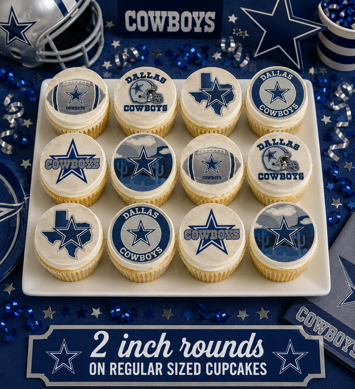 Set of 12 Dallas Cowboys edible images rounds for desserts, pre cut, many sizes available
