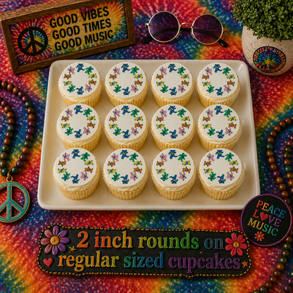 Set of 12 Grateful Dead Bears edible images rounds for desserts, pre cut, many sizes available