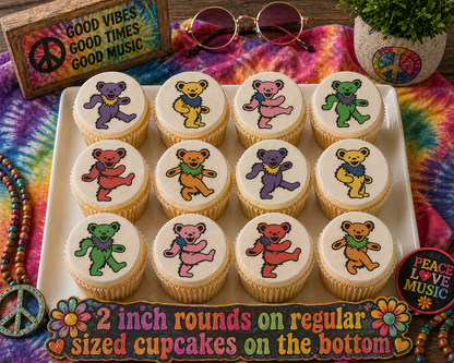Set of 12 Grateful Dead Bears edible images rounds for desserts, pre cut, many sizes available