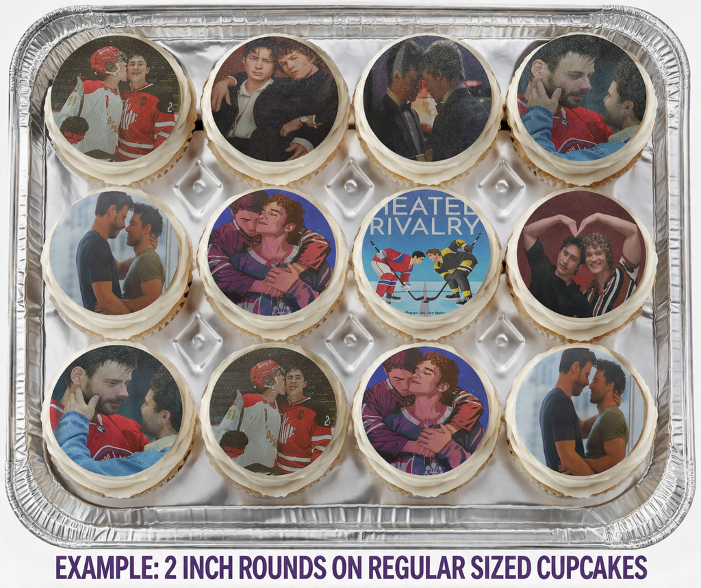 Set of 12 "Heated Rivalry" pre cut edible image discs for desserts, choose your size