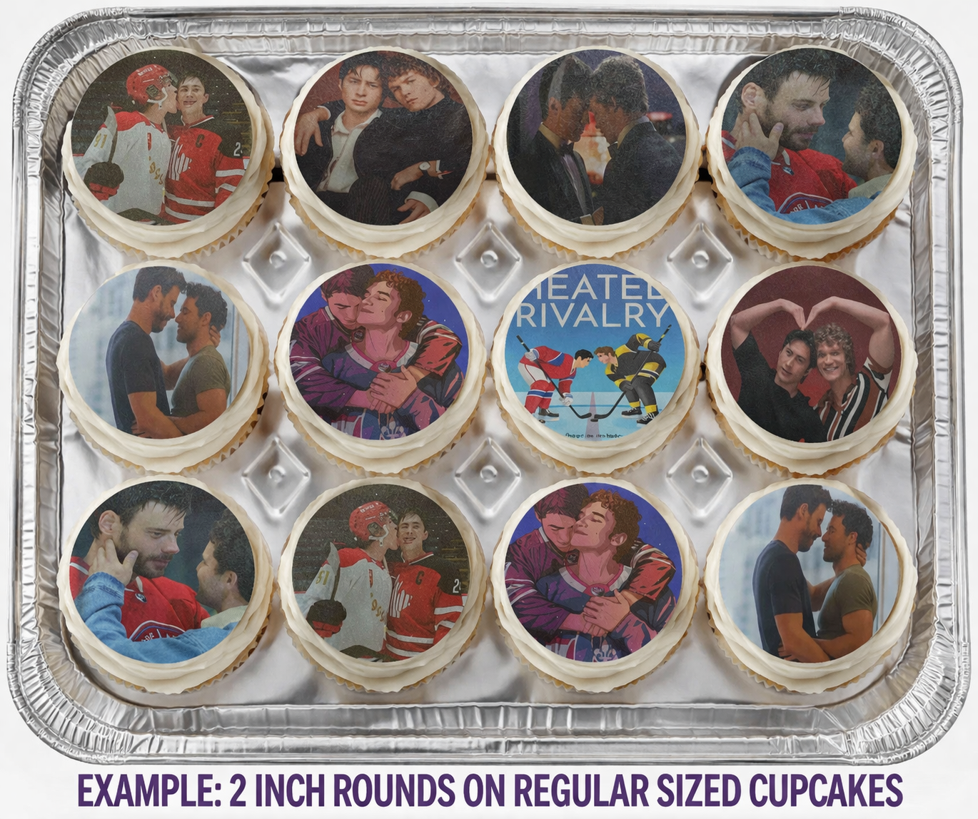 Set of 12 "Heated Rivalry" pre cut edible image discs for desserts, choose your size