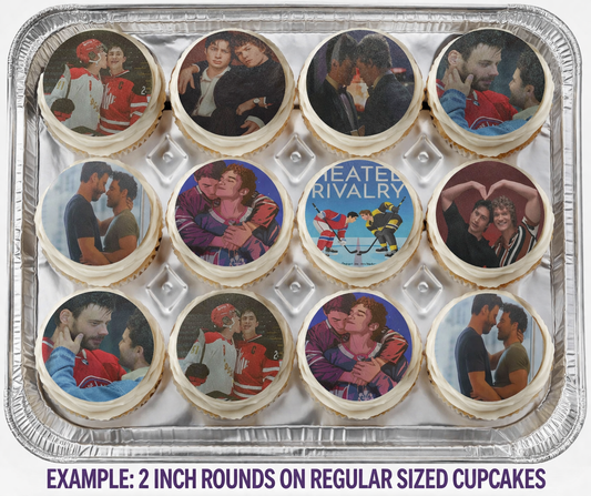 Set of 12 "Heated Rivalry" pre cut edible image discs for desserts, choose your size