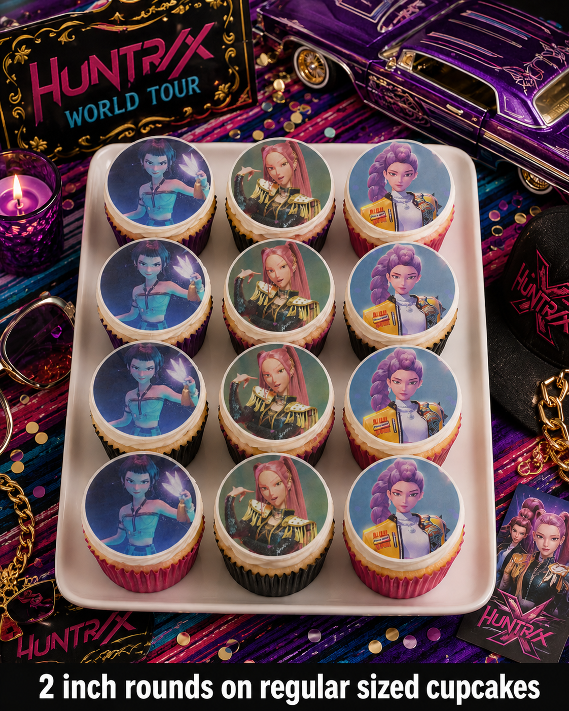 Set of 12 K pop Demon Hunter edible images rounds for desserts, pre cut, many sizes available