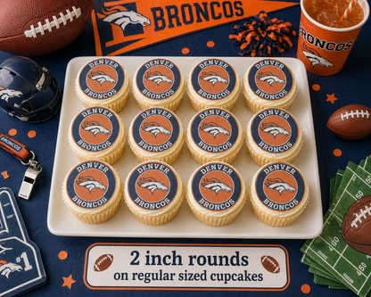 Set of 12 Denver Broncos edible images rounds for desserts, pre cut, many sizes available