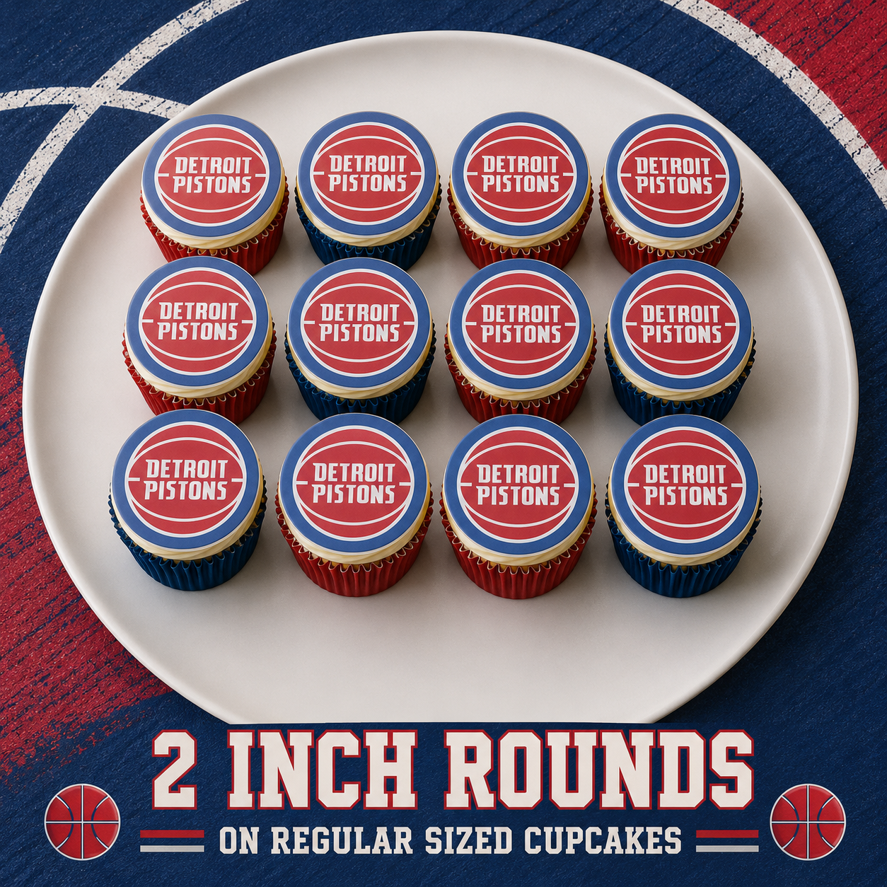 Set of 12 Detroit Pistons edible images rounds for desserts, pre cut, many sizes available