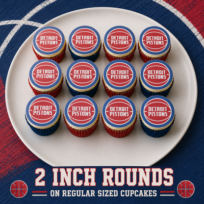 Set of 12 Detroit Pistons edible images rounds for desserts, pre cut, many sizes available
