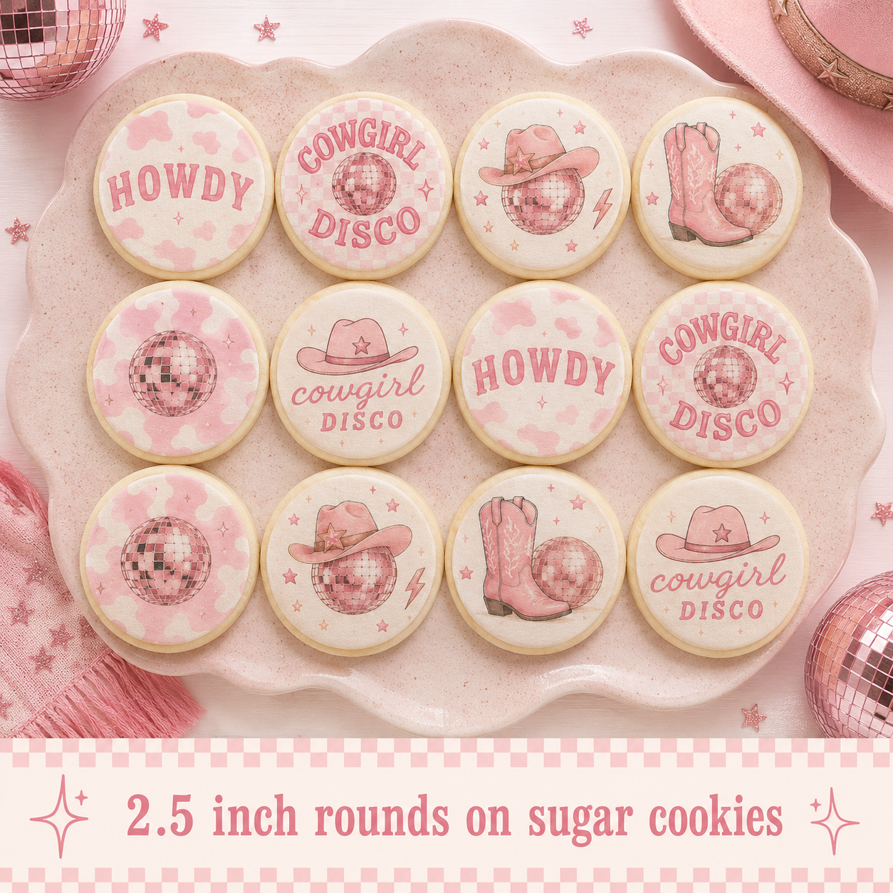 Set of 12 Disco Cowgirl edible images rounds for desserts, pre cut, many sizes available