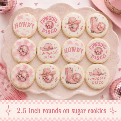 Set of 12 Disco Cowgirl edible images rounds for desserts, pre cut, many sizes available
