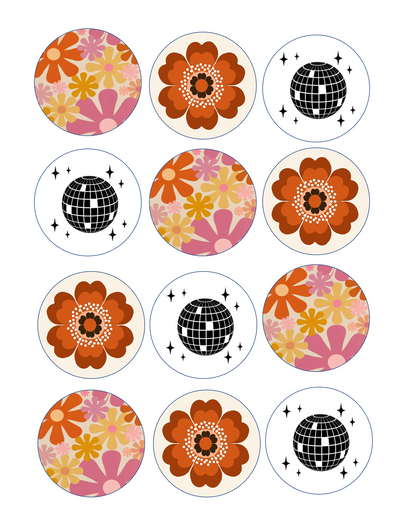 Set of 12 edible image rounds, disco vintage flower, pre cut, many sizes available