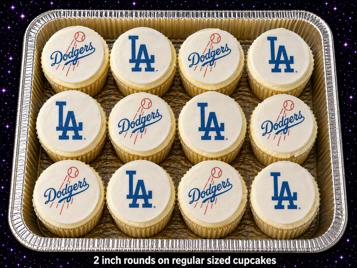 Set of 12 "LA dodgers" pre cut edible image rounds for desserts, drink toppers, choose your size