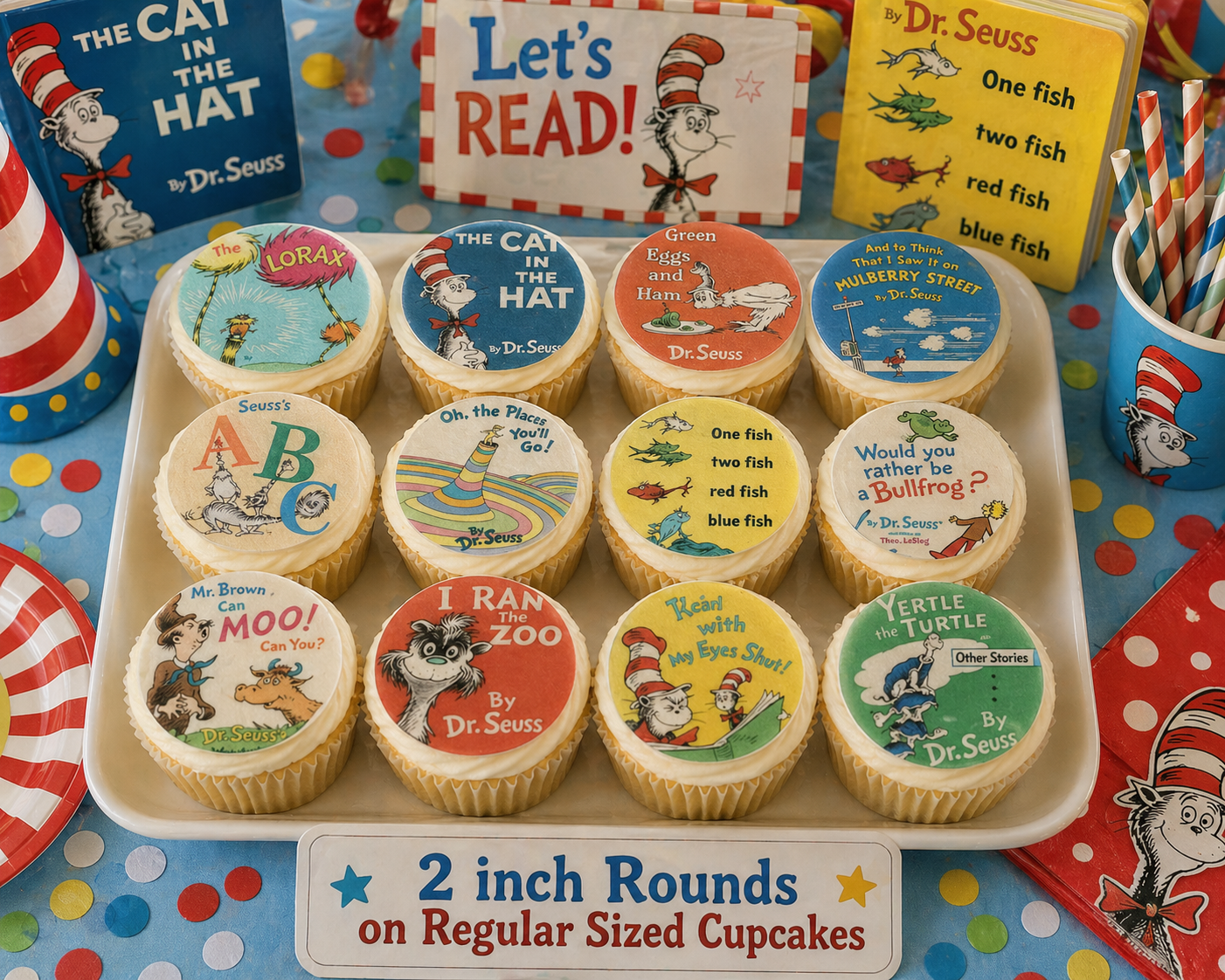 Set of 12 Dr. Seuss Books edible images rounds for desserts, pre cut, many sizes available