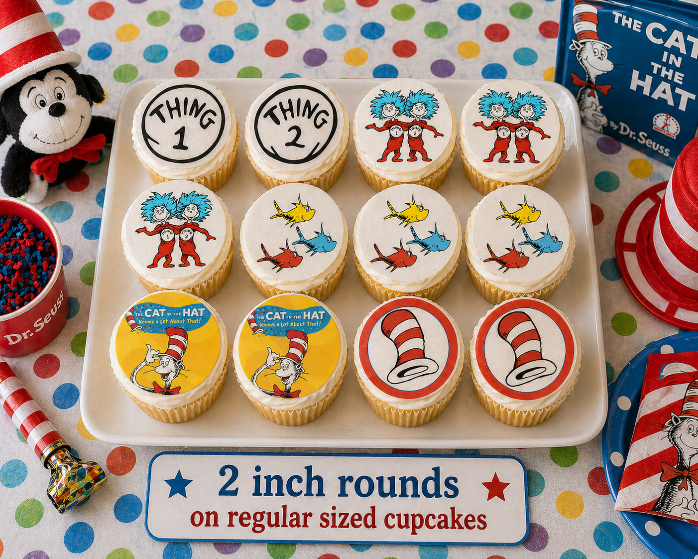 Set of 12 Dr. Seuss Books edible images rounds for desserts, pre cut, many sizes available