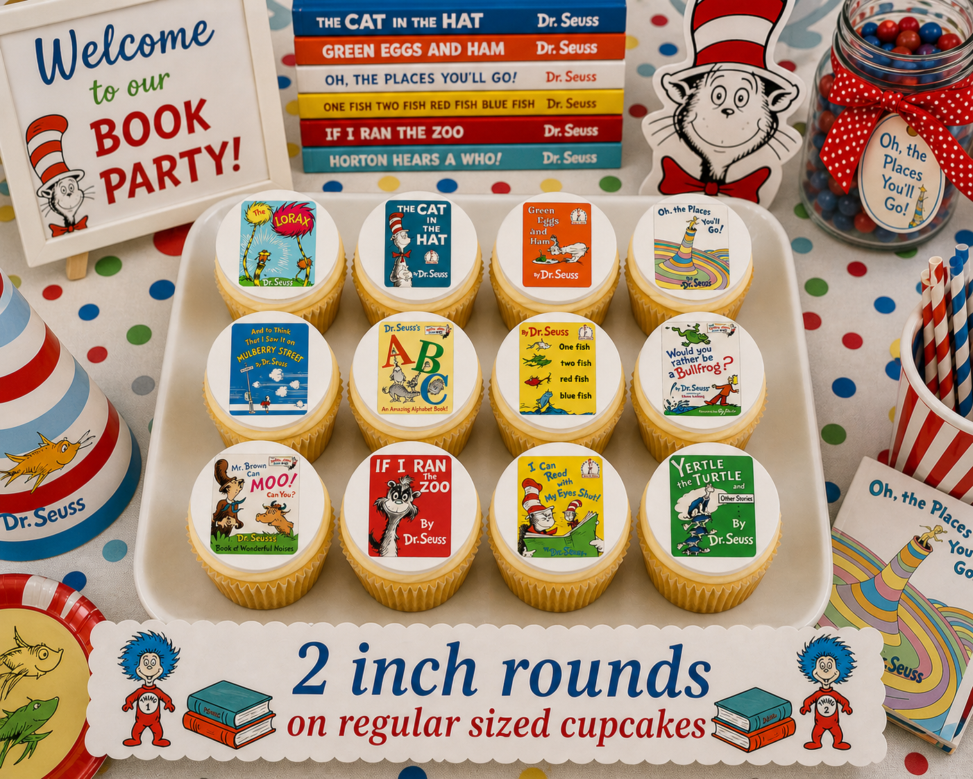 Set of 12 Dr. Seuss Books edible images rounds for desserts, pre cut, many sizes available