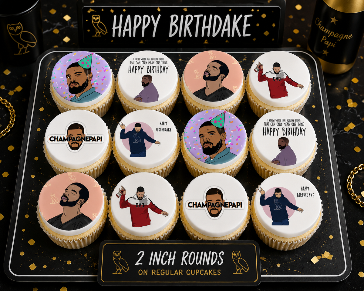 Set of 12 Drake Birthday edible images rounds for desserts, pre cut, many sizes available