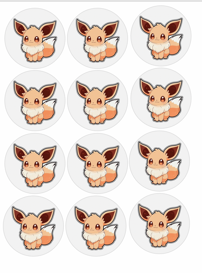 Set of 12 "Eevee Pokemon" pre cut edible image discs for desserts, choose your size
