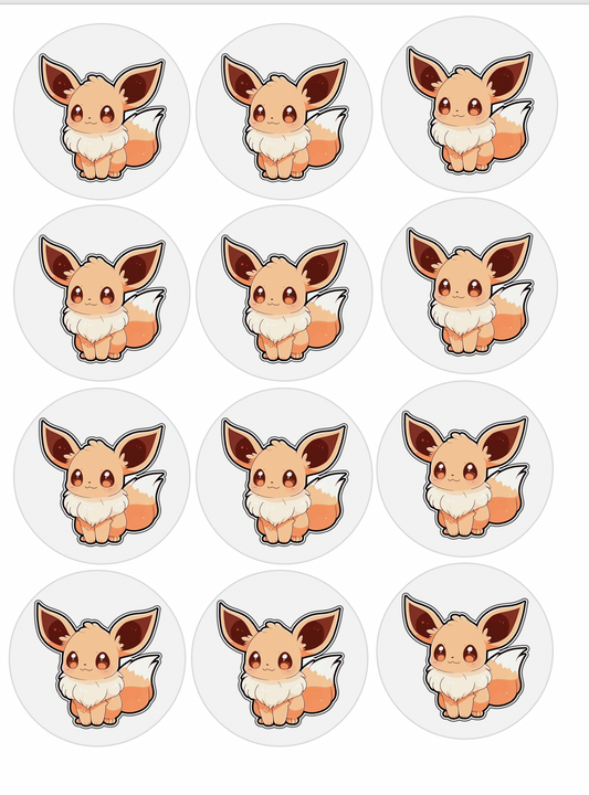 Set of 12 "Eevee Pokemon" pre cut edible image discs for desserts, choose your size