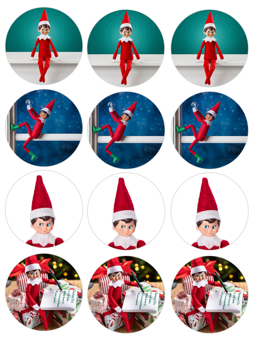 Set of 12 "Elf on the Shelf" pre cut edible image discs for desserts, choose your size