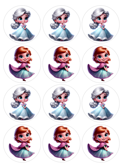Set of 12 Elsa and Anna, Frozen pre cut edible image discs for desserts, choose your size