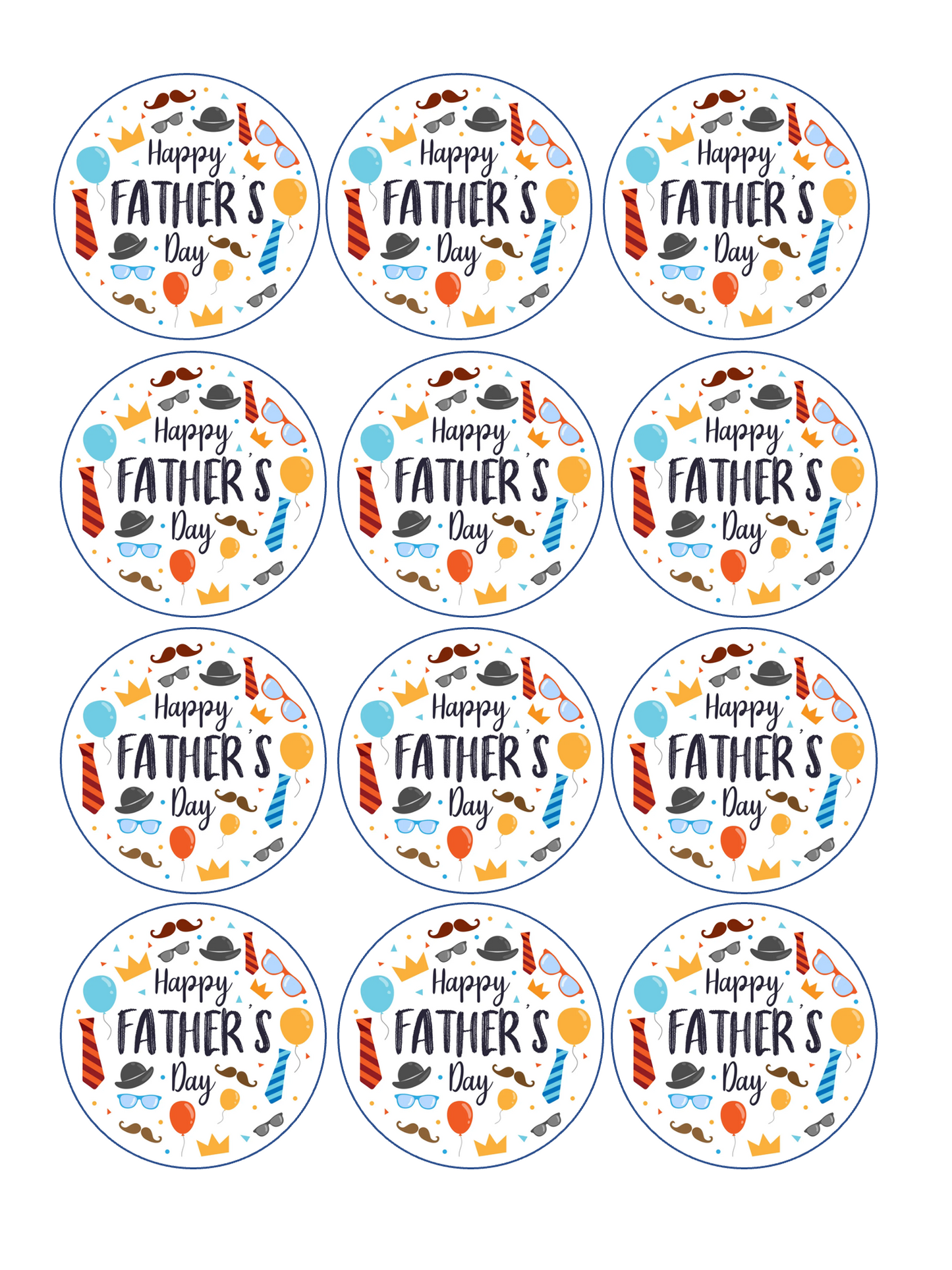 Set of 12 "Happy Fathers Day" pre cut edible image rounds for desserts, drink toppers, choose your size