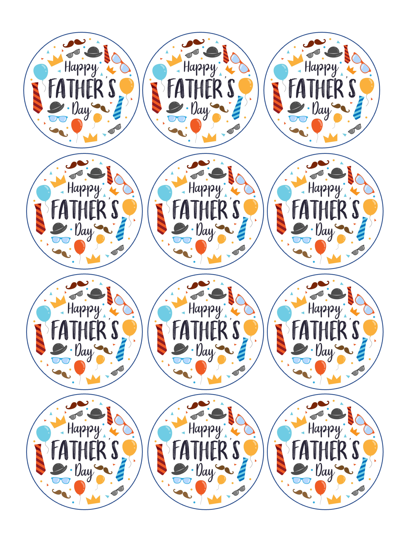 Set of 12 "Happy Fathers Day" pre cut edible image rounds for desserts, drink toppers, choose your size