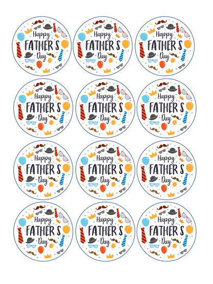 Set of 12 "Happy Fathers Day" pre cut edible image rounds for desserts, drink toppers, choose your size