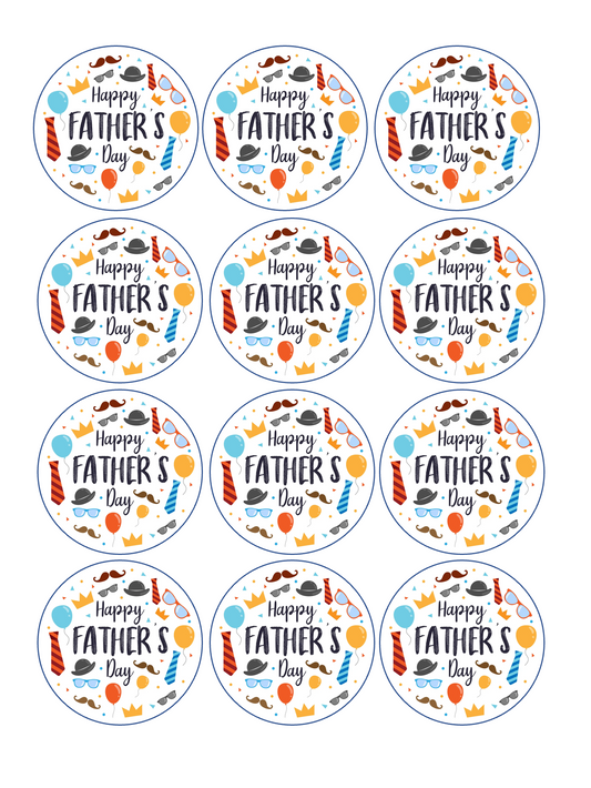 Set of 12 "Happy Fathers Day" pre cut edible image rounds for desserts, drink toppers, choose your size