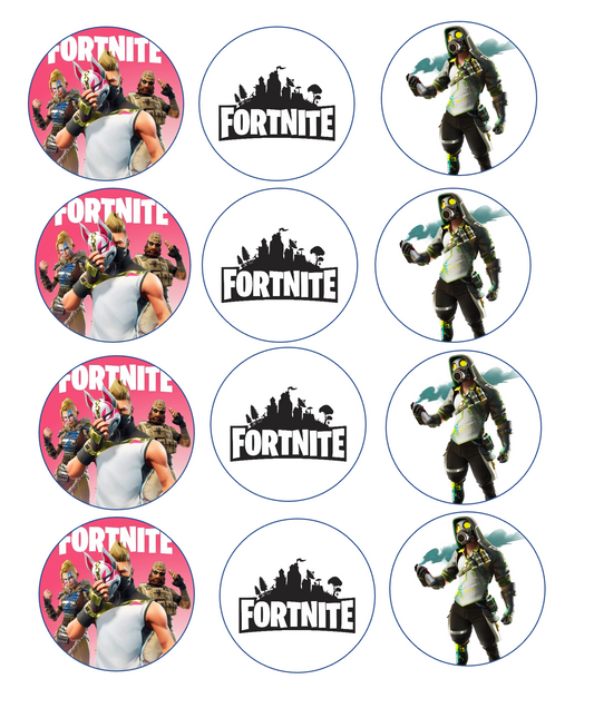 Set of 12 "Fortnite" pre cut edible image discs for desserts, drink toppers, choose your size