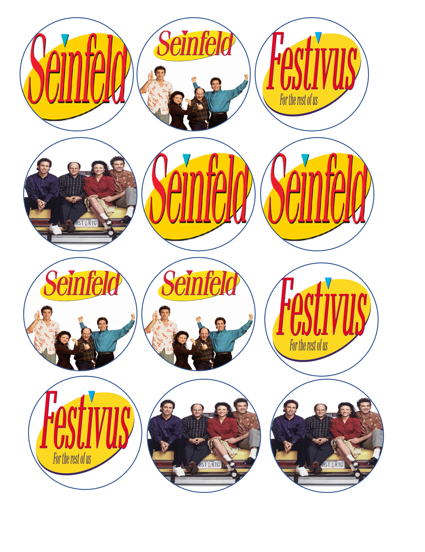 Set of 12 "Seinfeld Festivus" pre cut edible image discs for desserts, drink toppers, choose your size