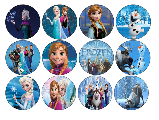 Set of 12 "Frozen" pre cut edible image discs for desserts, drink toppers, choose your size