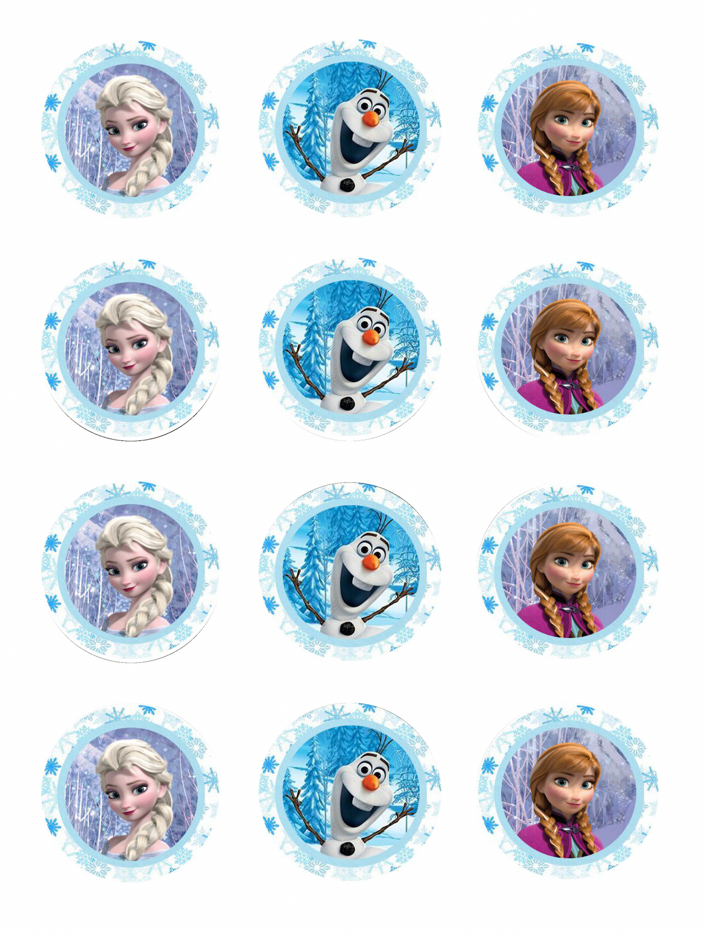 Set of 12 "Frozen" pre cut edible image discs for desserts, drink toppers, choose your size