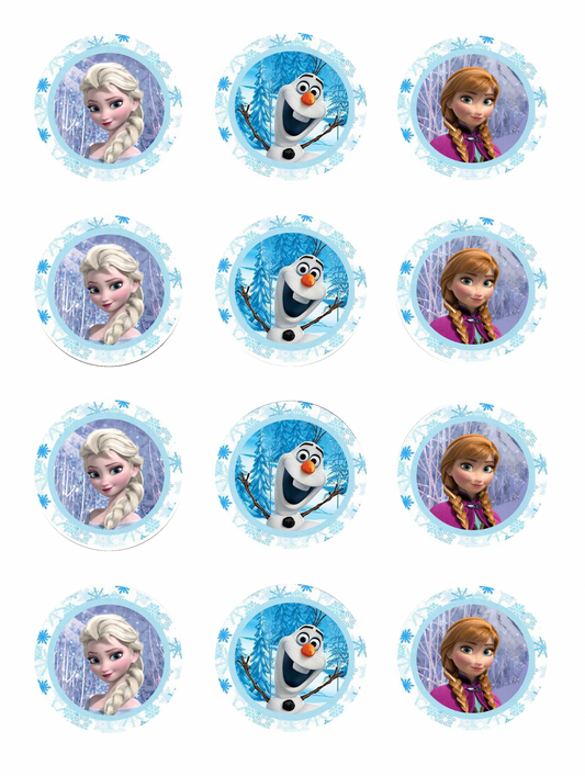 Set of 12 "Frozen" pre cut edible image discs for desserts, drink toppers, choose your size