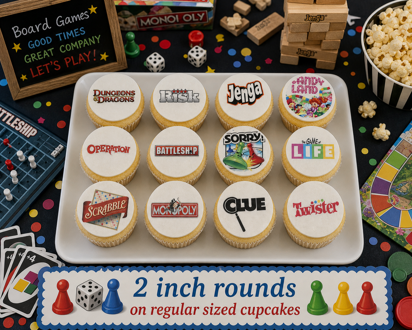 Set of 12 Board Game Night edible images rounds for desserts, pre cut, many sizes available