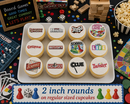 Set of 12 Board Game Night edible images rounds for desserts, pre cut, many sizes available