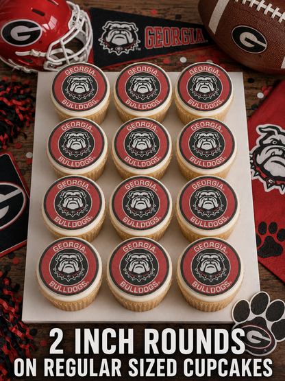 Set of 12 Georgia Bulldogs edible images rounds for desserts, pre cut, many sizes available