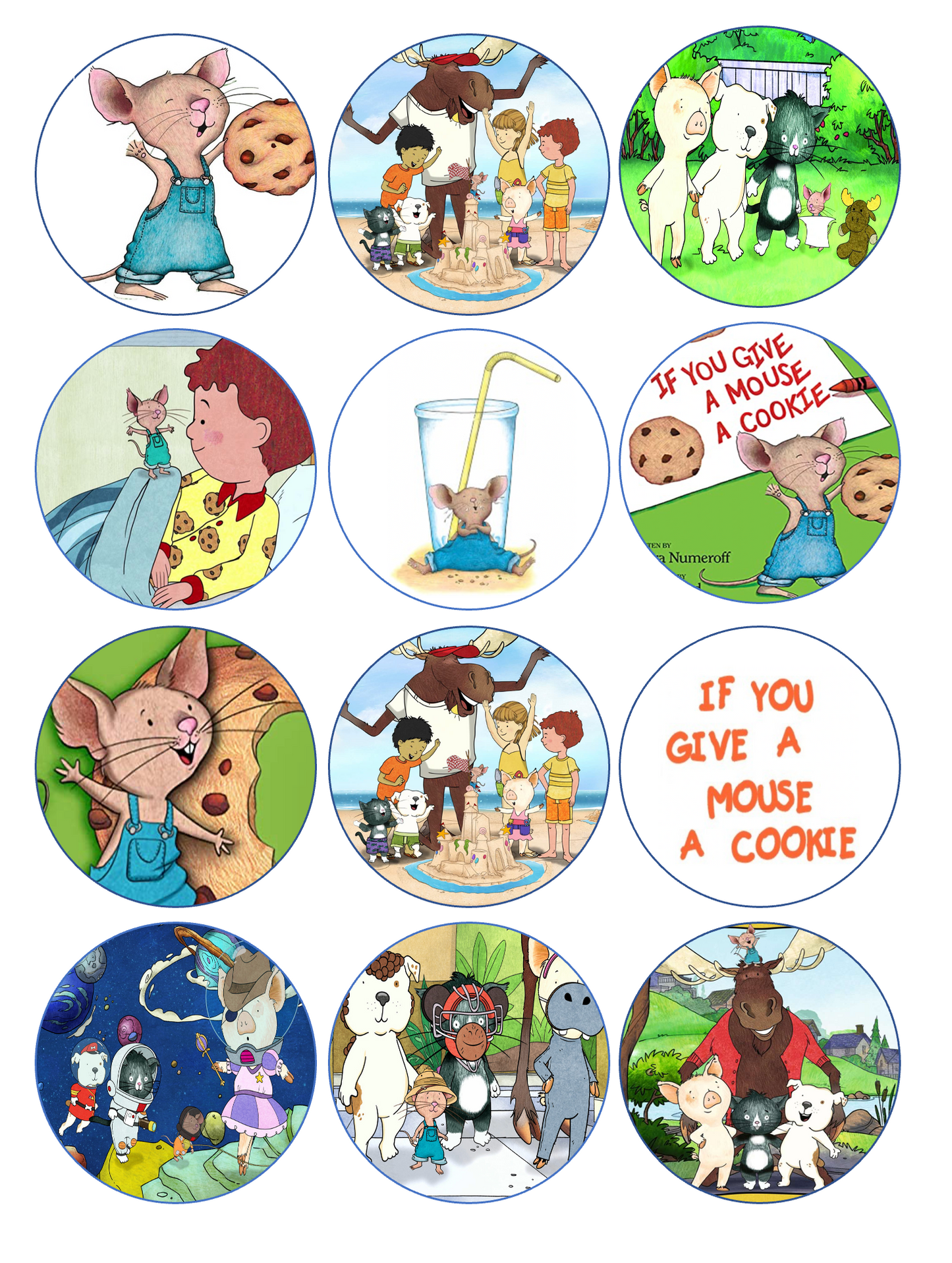 Set of 12 "If you give a mouse a cookie" pre cut edible image rounds for desserts, drink toppers, choose your size