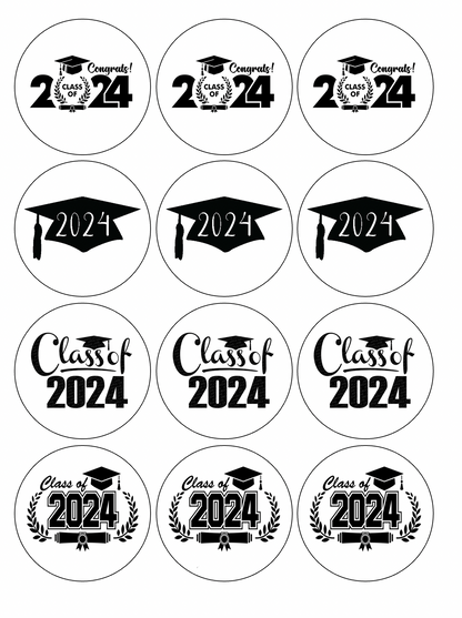 Set of 12 "2024 Graduation" pre cut edible image discs for desserts, drink toppers, choose your size