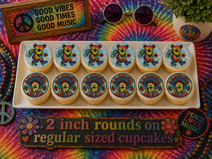 Set of 12 Grateful Dead edible images rounds for desserts, pre cut, many sizes available