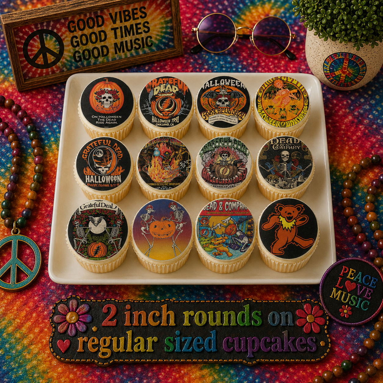 Set of 12 Grateful Dead edible images rounds for desserts, pre cut, many sizes available