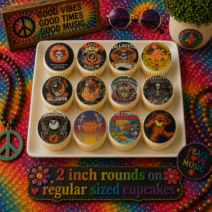 Set of 12 Grateful Dead edible images rounds for desserts, pre cut, many sizes available