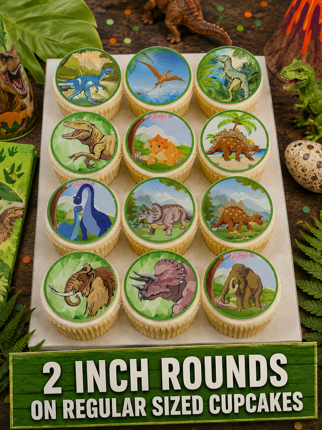 Set of 12 Green Dinosaur edible images rounds for desserts, pre cut, many sizes available (Copy)