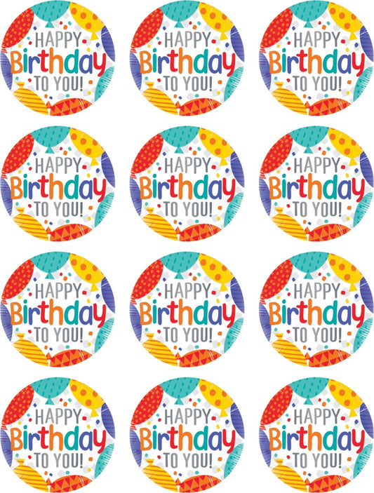 Set of 12 "Happy Birthday" pre cut edible image rounds for desserts, drink toppers, choose your size