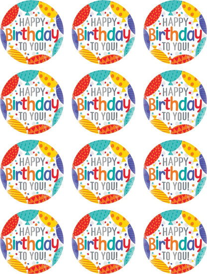 Set of 12 "Happy Birthday" pre cut edible image rounds for desserts, drink toppers, choose your size