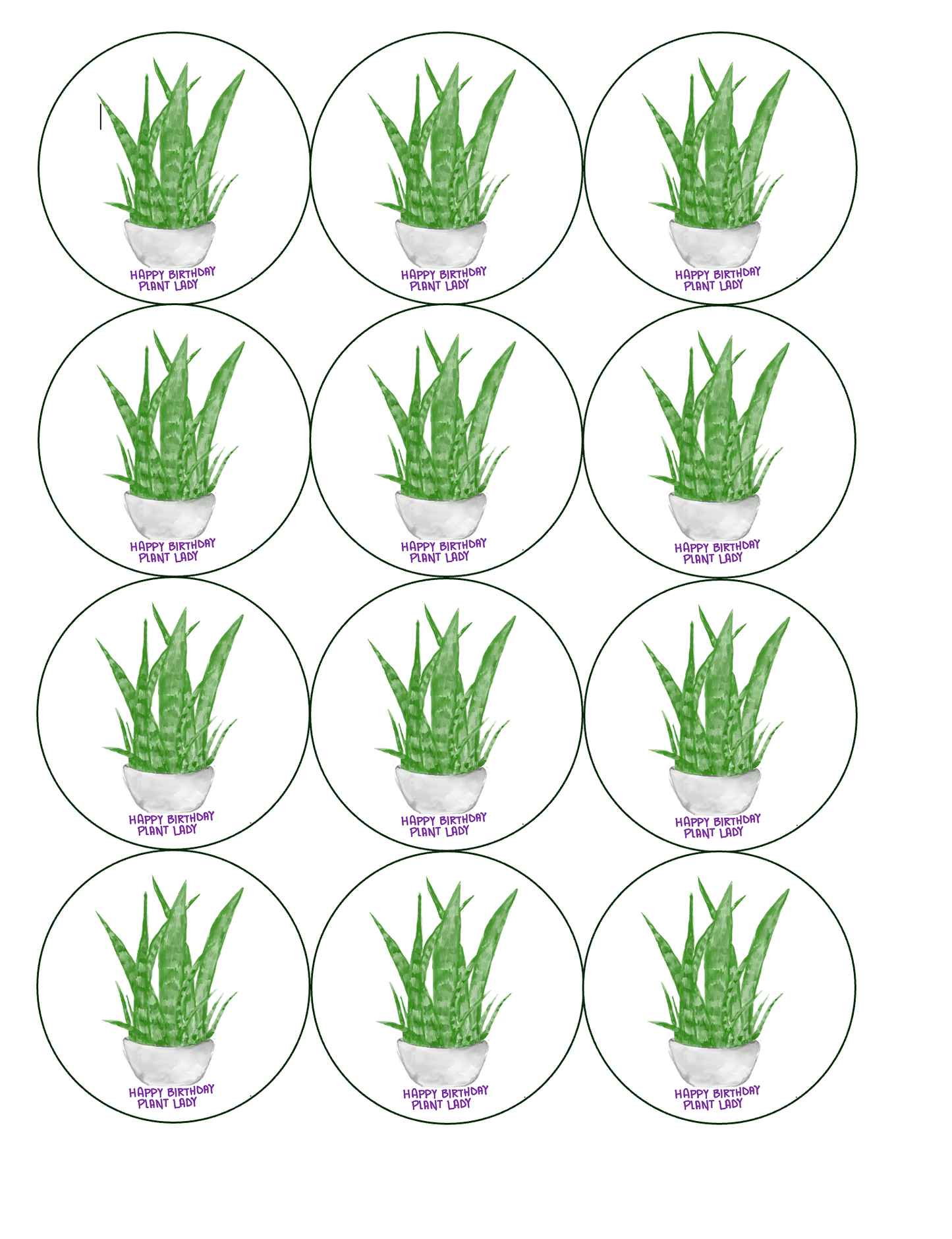 Set of 12 "Happy Birthday Plant Lady" pre cut edible image discs for desserts, drink toppers, choose your size