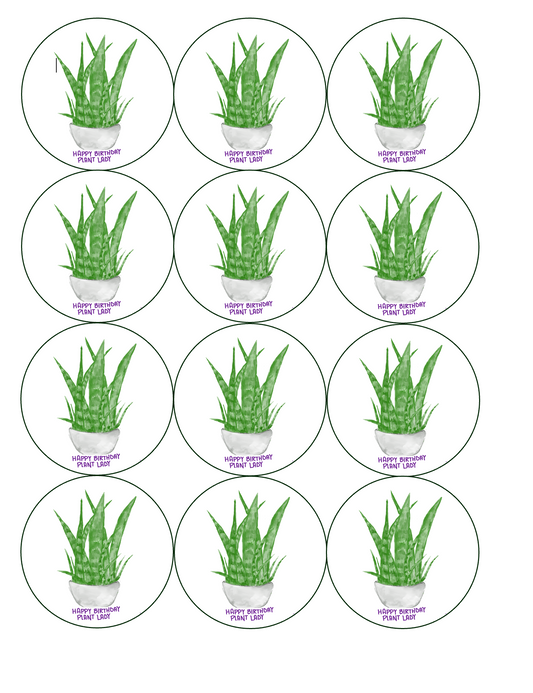 Set of 12 "Happy Birthday Plant Lady" pre cut edible image discs for desserts, drink toppers, choose your size